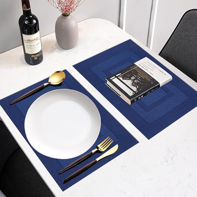 PIGCHCY Placemats,Washable Woven Vinyl Placemats for Dining Table,Easy to Clean Plastic Durable Placemats Set of 6 (18 x 12 inchesches, Navy Blue)