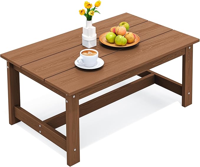 SERWALL HDPE Patio Coffee Table, Rectangle Outdoor Coffee Table, All-Weather Coffee Side Table for Balcony, Poolside, Deck, Garden, Brown