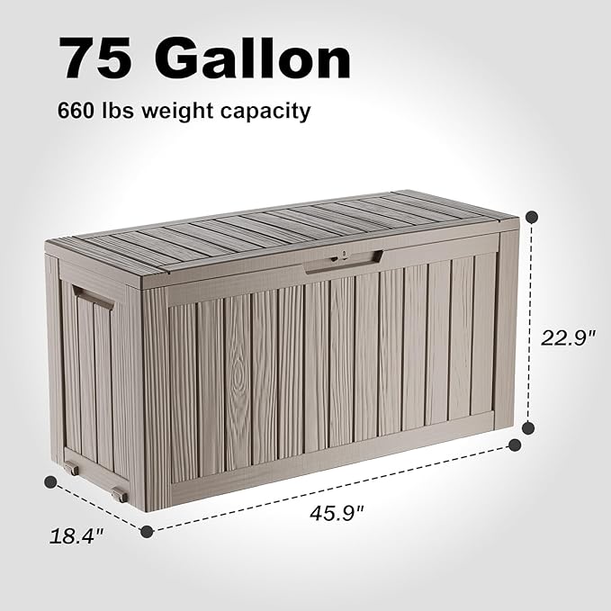 DRATO 75 Gallon Deck Box, Waterproof Resin Large Outdoor Storgae Box for Patio Furniture, Patio Cushions, Gardening Tools, Pool Supplies, Lockable（Gray，75 Gallon）