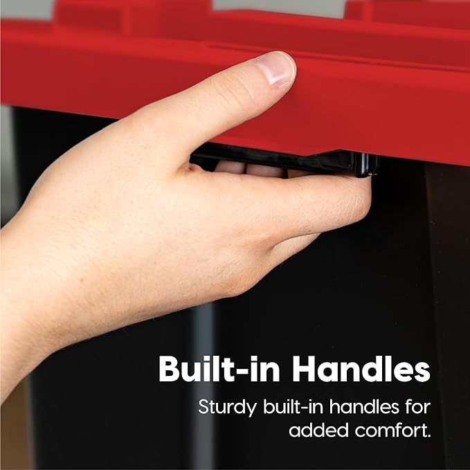 IRIS USA 4-Pack 12 Gallon Storage Bins with Lids |Made in USA| Heavy Duty Plastic Tote Containers for Truckbed Tool Box Organization, Large - Red