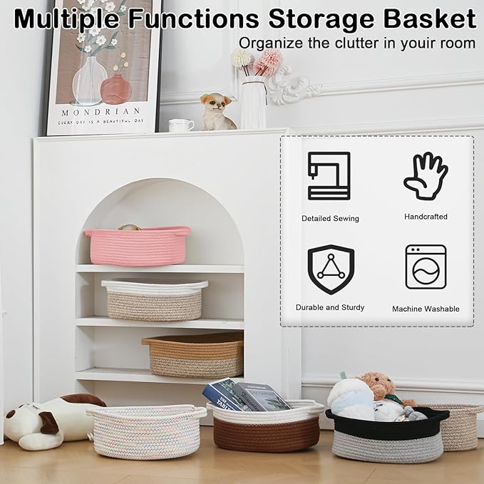 Gift Basket with Gift Bag and Ribbons,Small Rope Woven Shelf Storage,Baskets for Gifts Empty,Birthday,Baby Shower,Decorative Organizer Box with Handles(Pink)