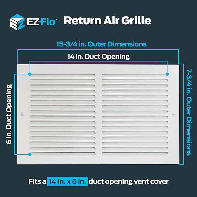 EZ-FLO 14 x 6 Inch (Duct Opening) Return Air Vent Cover for Wall or Ceiling, Solid Steel Return Air Grille, HVAC Vent Cover, White, 61628