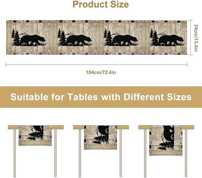 Bear Table Runner, Wild Animals Rustic Cabin Forest Bear Print Wooden Board Table Runner for Dining Kitchen Home 13x70in