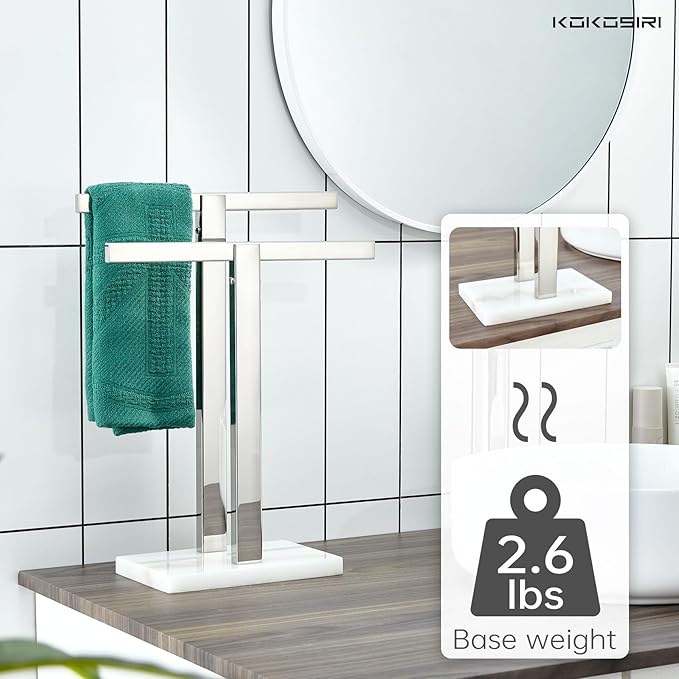 KOKOSIRI Hand Towel Holder Stand Towel Rack with Marble Base, Bathroom Kitchen Vanity Polished Stainless Steel Towel Bar 15.7'' Height THS0001-SM-CH