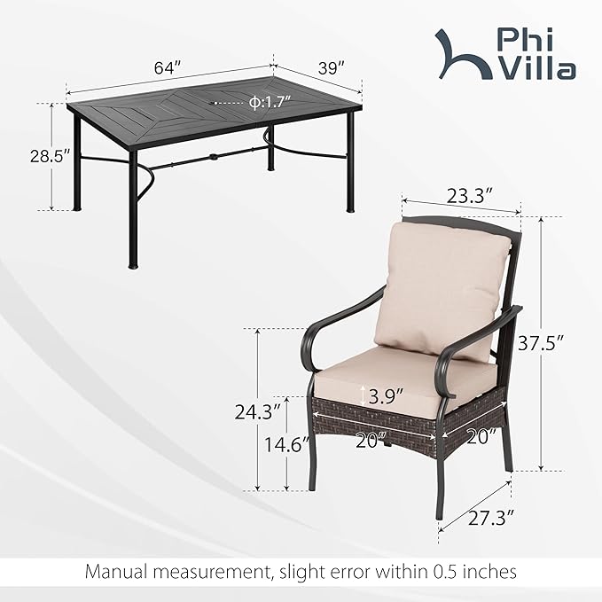 PHI VILLA Outdoor Dining Set for 6, All-Weather Patio Table and Chairs Set for 6, Heavy Duty Rectangle Patio Table Set for Deck, 6 Extra Large Outdoor Stationary Dining Chairs with Thick Cushions