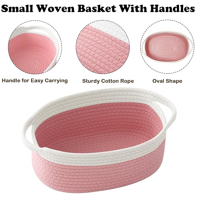 Gift Basket with Gift Bag and Ribbons,Small Rope Woven Shelf Storage,Baskets for Gifts Empty,Birthday,Baby Shower,Decorative Organizer Box with Handles(White&Pink)