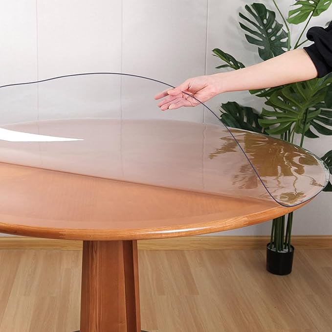 RostiKong 46 Inch Round Clear Plastic Table Top Protector PVC Tablecloth Cover Vinyl Cover Easy Clean Waterproof Furniture Topper Pad for Wood Dining Living Room Accent Coffee Patio Table Mat Desk Pad