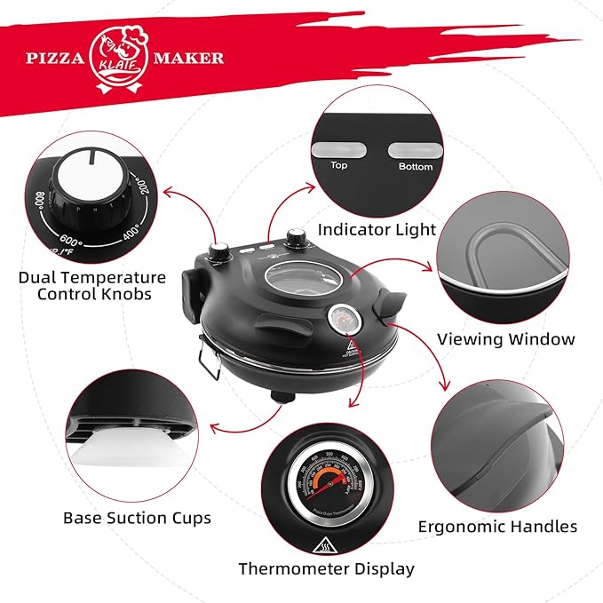 KLAIF 12" Electric Countertop Pizza Oven Indoor With Ceramic Stone, Dual Adjustable Temperature Controls, Includes 4 Pizza Tools, LMC-Black