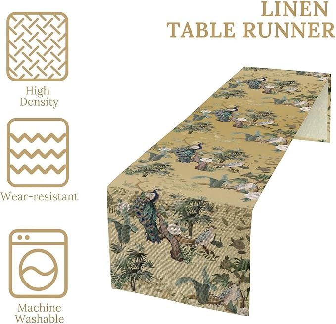 Asian Table Runner,Ruatic Traditionla Chinese Style Penoy Floral Branch Table Center Decor for Home Kitchen Dining Patio Party Indoor Table Decorations, 13"x72"