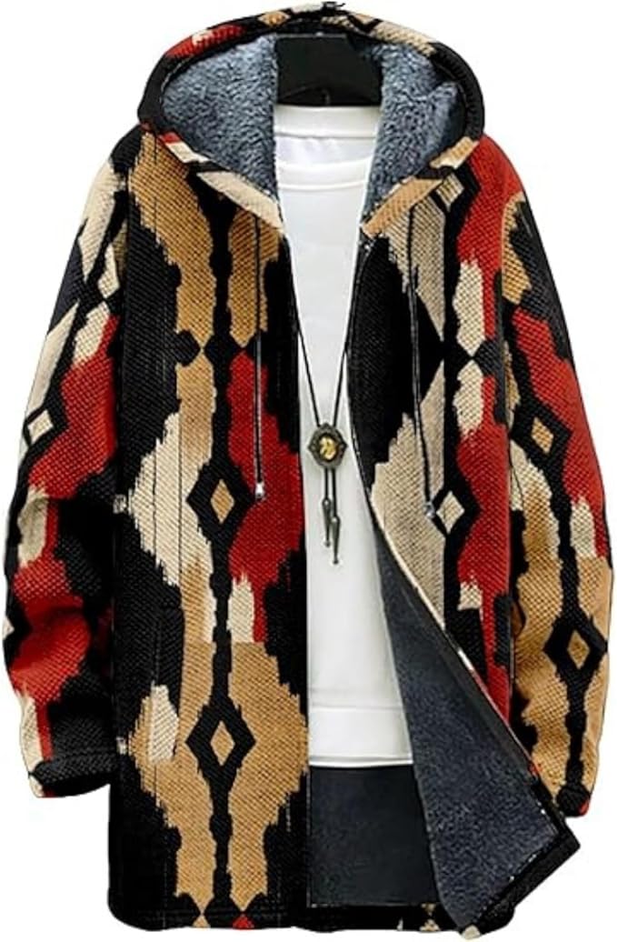 Men's Hooded Sweater Coat Knit Fleece Lined Long Cardigan Jacket with Zip Front Pocket Vintage Casual Zip Up