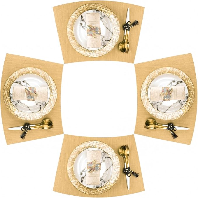 Round Table Placemats Set of 4, Faux Leather Heat Resistant Table Mats, Waterproof Wipeable PU Place Mats, Gold
