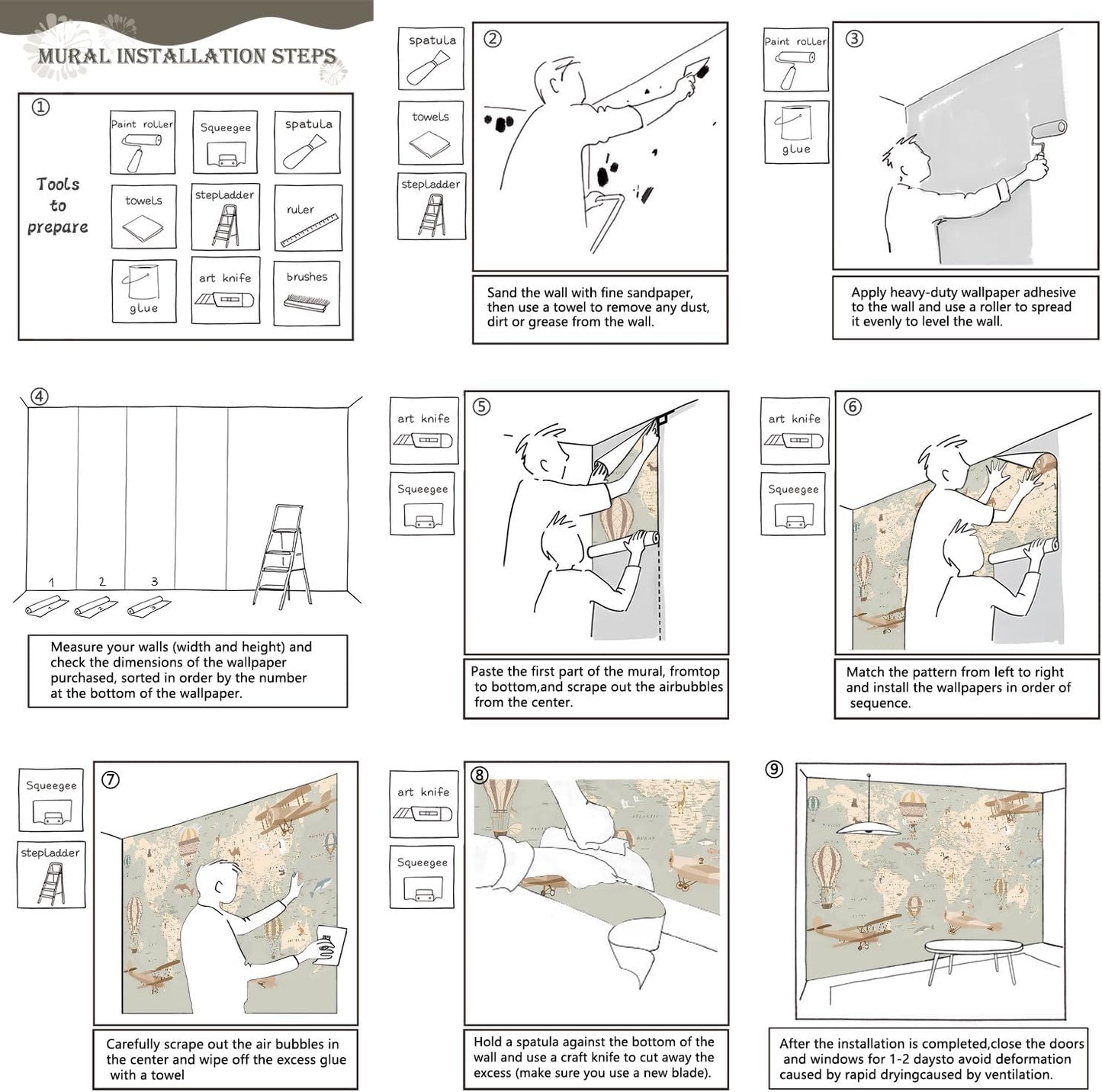 AFZEVEB-Vintage Animal Wallpaper Cartoon Aircraft Map Wall murals for Kids Room 159"x107"(Not Peel and Stick)