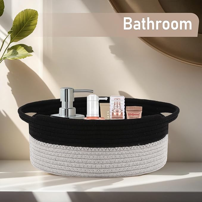 Woven Basket,Small Rope Storage Bin with Handles & Ribbon Bag, Organizer for Shelves Closets,Gift Basket Empty for Birthday,Books,Dog Toys, Black&Grey/3 Pack