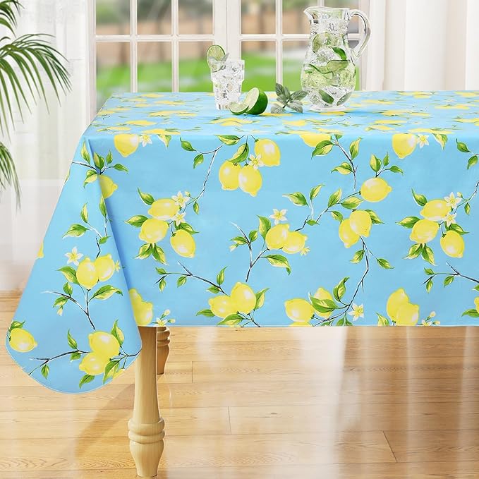 misaya Rectangle Waterproof Vinyl Table Cloth, Wipeable Tablecloth with Flannel Backing, Plastic Table Cover for Dinner, Picnic, Indoor and Outdoor (Lemon, 60" x 84")