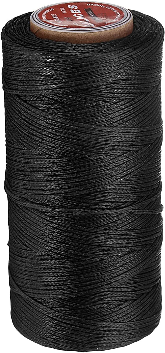 uxcell Flat Leather Sewing Waxed Thread, 140m / 153 Yards Polyester Wax String, 300D Wax Stitching Cord for Leather Crafts, Bookbinding, Bracelets Braided, Black