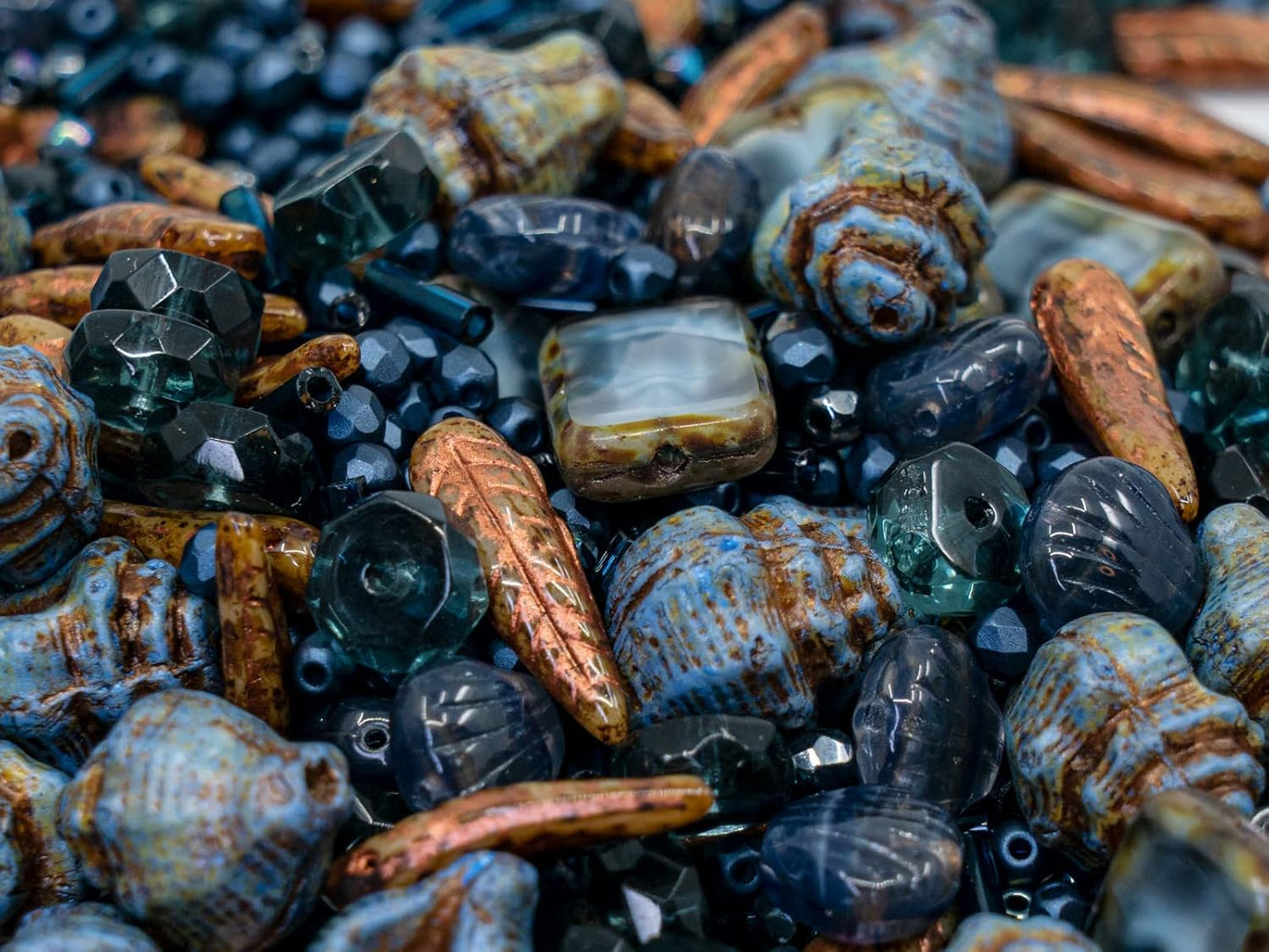 2.1oz (60 g) Mix of Unique Czech Bohemia Glass Pressed Beads, Dark Blue, Table Cut, Matte and Glossy, Faceted Fire Polish, Hand Made Set Kit BCV