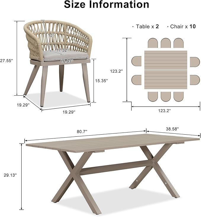 PURPLE LEAF 12 Pieces Outdoor Dining Sets All-Weather PE Rattan Outdoor Patio Furniture Set with All Aluminum Frame Outdoor Table and Chairs Set for Lawn Garden Backyard Deck, Champagne