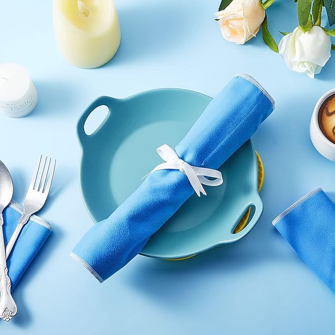 Saintrygo 6 Pieces Anti Tarnish Silver Storage Bags silverware Blue Holder for Flatware Storage Organizer Place Setting Roll with White Ribbon for Kitchen Utensils