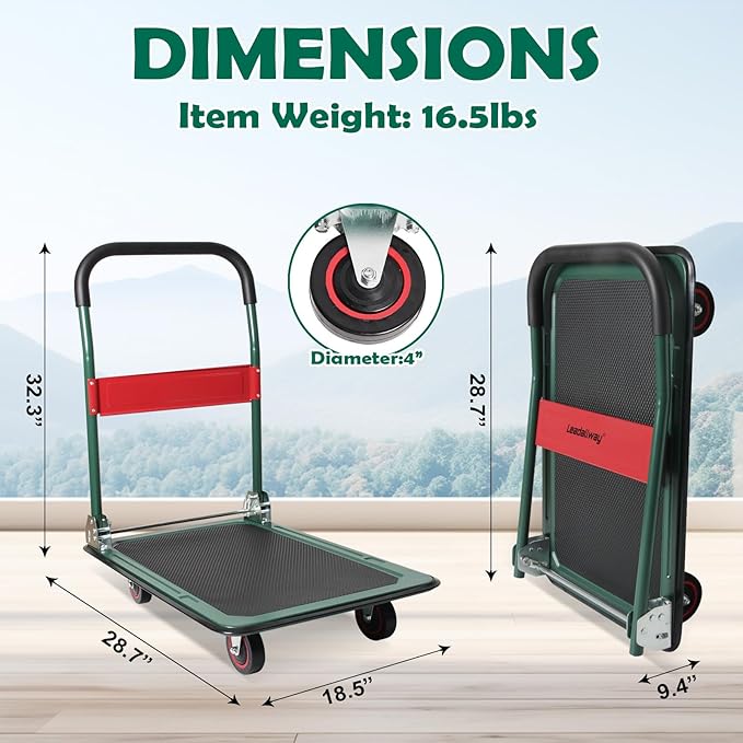 LEADALLWAY Foldable Push Cart Platform Cart (Green 330lbs, 28.7x18.5x32.3inches)