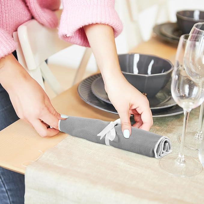 Hillban 12 Pcs Anti Tarnish Silver Storage Bags Silver Storage Cloth Felt Flatware Organizer Anti Tarnish Protector Bags Place Setting Roll with White Ribbon for Kitchen Cutlery (12 Slots,Grey)