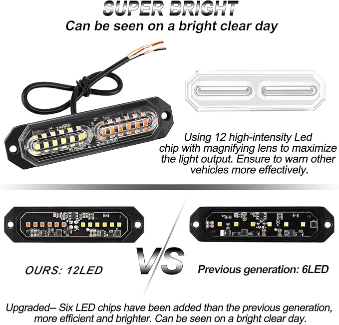 ASPL 8pcs Sync Feature Ultra Slim 12-LED Surface Mount Flashing Strobe Lights for Truck Car Vehicle LED Mini Grille Light Head Emergency Beacon Hazard Warning Lights (Amber/White)