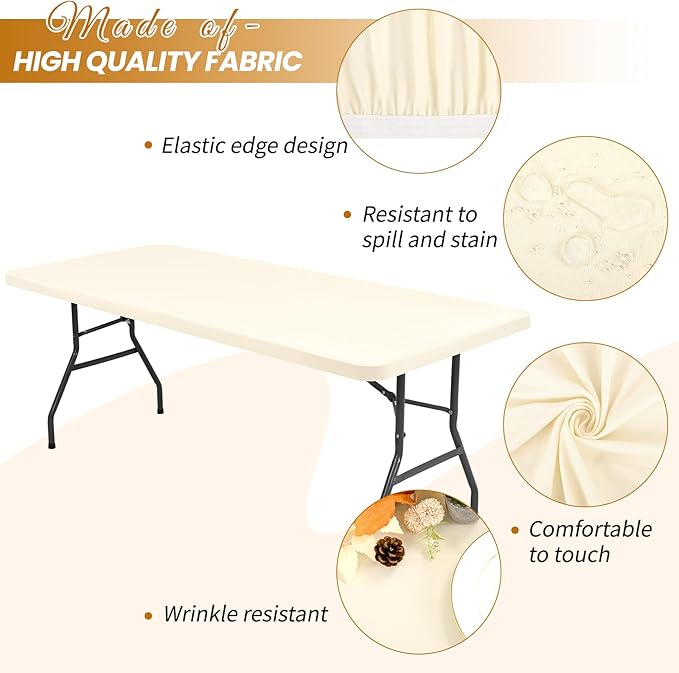 6 Pack Stretch Fabric Table Top Cap Cover, Ivory Table Covers fits 6Ft Tables, Washable Elastic Universal Rectangle Tablecloth Protector for Indoor Outdoor Party Picnic Wedding (30" W x 72" L)
