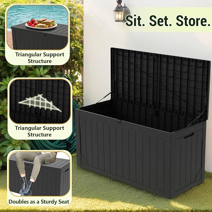 TARKARI 100 Gallon Lockable Resin Deck Box, Waterproof & UV-Resistant Outdoor Storage Box for Outdoor Cushion Storage, Garden Tools & Pool Accessories Storage, Black