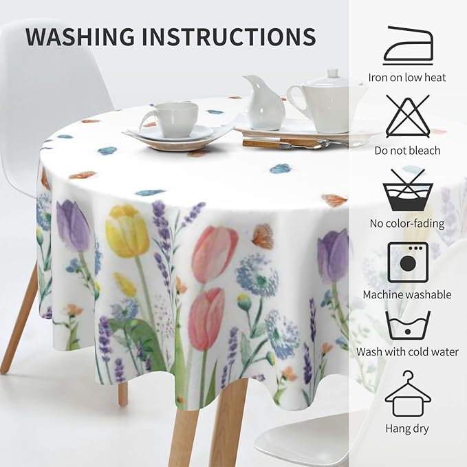 Spring Floral Round Tablecloth 70 Inch, Tulip Lavender Flower Decorative Tablecloths Stain Resistance Polyester Beautiful Flower Table Cloth for Holiday Parties Kitchen Dining Indoor Outdoor