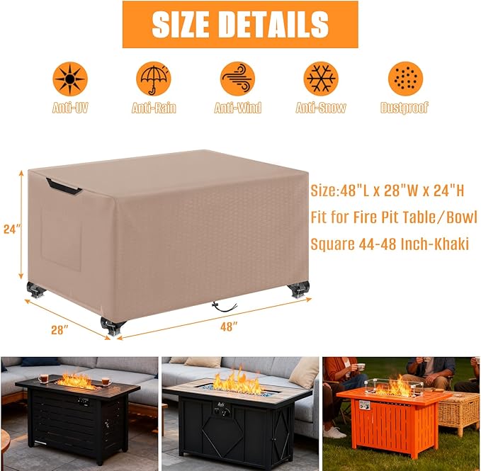 Kovshuiwe Porch Shield Fire Pit Cover Square-600D Fabric Waterproof and Resistant, Fits Outdoor For 44-48 Inch Fire Pit /Table Cover, Gas Fire Pit Cover-48"L x 28"W x 24"H, Khaki