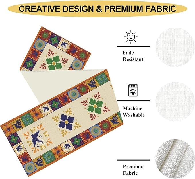 Mexican Table Runner, Orange Floral Birds Mexico Talavera Ceramic Dia De Los Muertos Coffee Table Center Decor for Family Home Kitchen and Dining Farmhouse Indoor Outdoor Table Decorations, 13" X 72"
