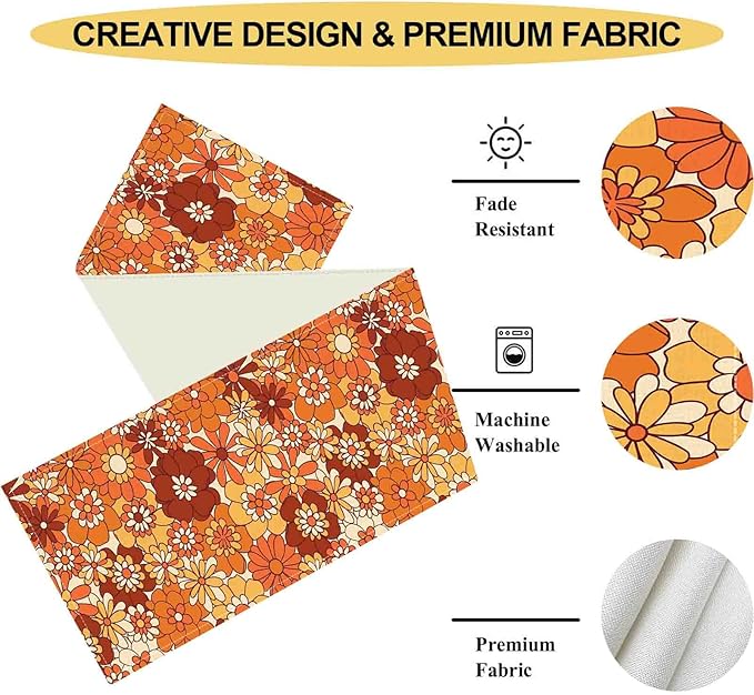 Orange Floral Table Runner, Retro Groovy 70s Hippie Floral Funky Cute Flower Trippy Coffee Table Center Decor For Home Kitchen Dining Patio Holiday Party Indoor Outdoor Table Decorations, 13"x36" Inch