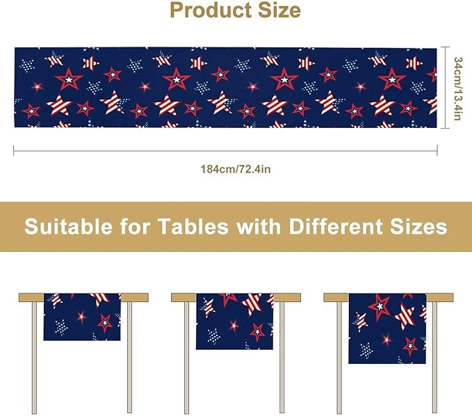 4th of July Patriotic Table Runner, Memorial Day Independence Day Freedom Stars Table Runner for Indoor Kitchen Dining Outdoor Holiday Party 13x36in