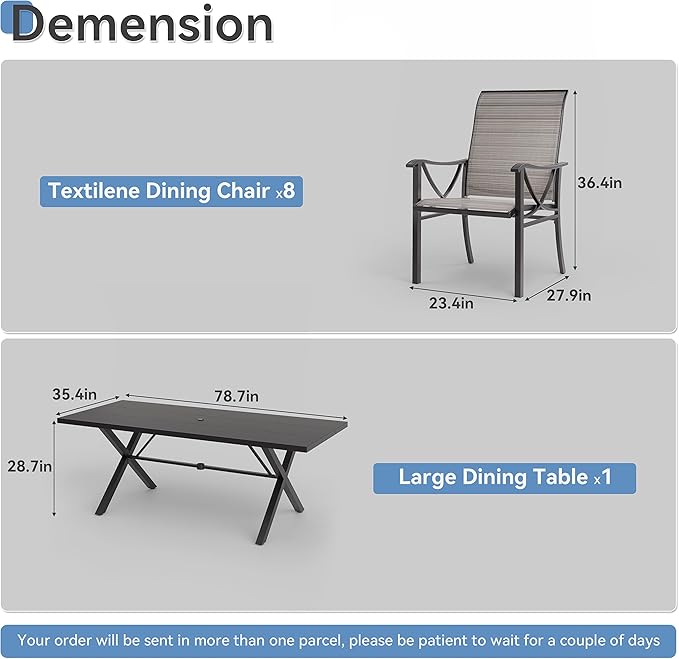 Kurapika 9-Piece Patio Dining Set, Patio Furniture Set for 8, Outdoor Large Metal Table with Umbrella Hole and Textilene Chairs, for Garden, Deck, Porch, Pool All Weather, Brown