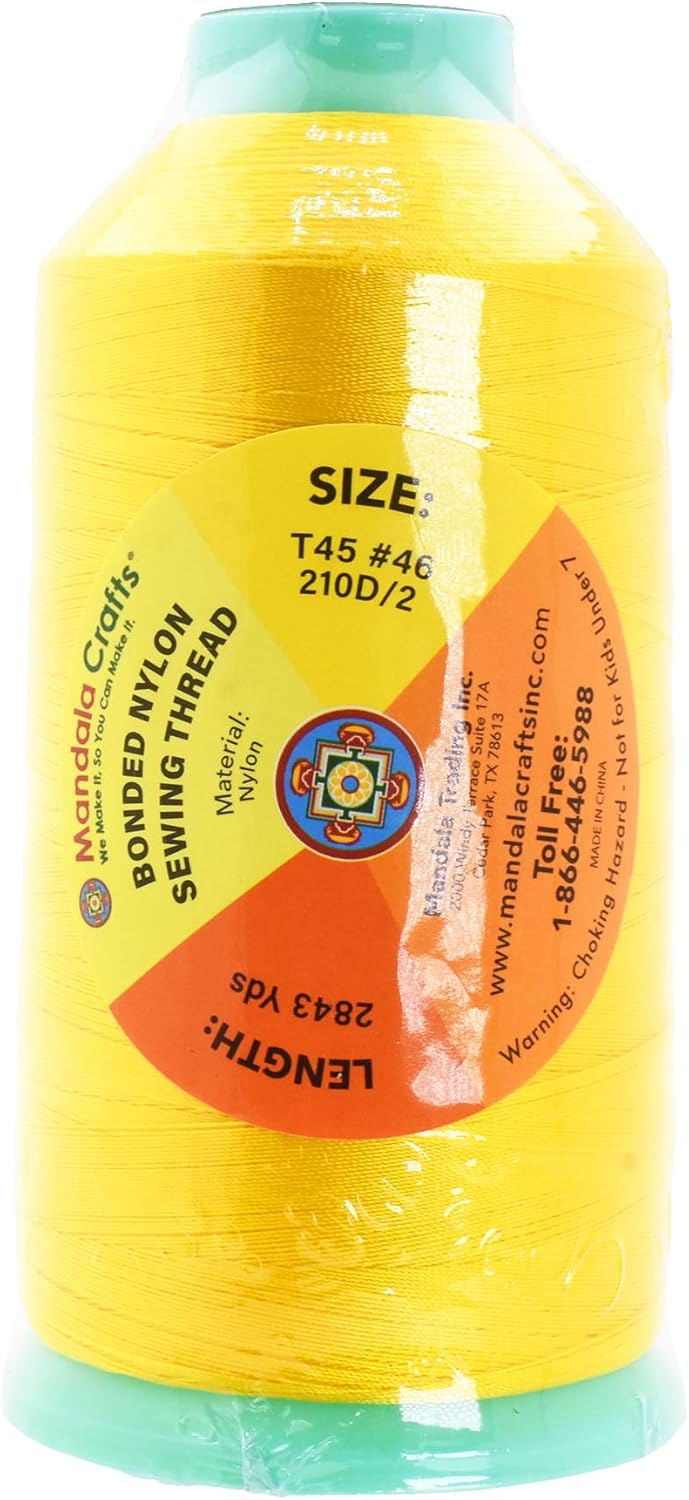 Mandala Crafts Bonded Nylon Thread Yellow Heavy Duty Sewing Threads - 2843 YDs Size 46 210D T45 Tex 45 Thread for Leather Jeans Weaving Outdoor Marine Upholstery Threads