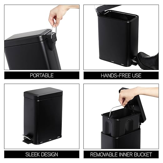 SIMPLEMADE Rectangle Step Trash Can - 5 Liter / 1.3 Gallon - Small with Lid, Stainless Steel for Bathroom | Office | Garbage | Metal Wastebasket (Black)