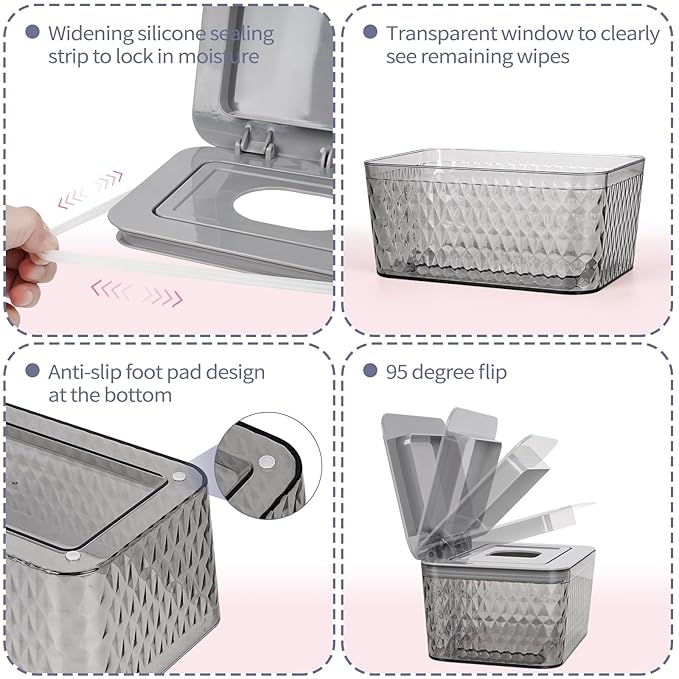 Wipes Dispenser, One-Handed Operation Wipe Holder for Baby & Adult, Seal-Designed Wipes Container for Bathroom Keep Diaper Wipes Fresh (Grey)