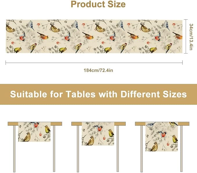 Vintage Bird Table Runner,Watercolor Winter Perching Birds Table Decoration for Kitchen Dining Table Holiday Indoor Outdoor Home Party Decor 13x108in