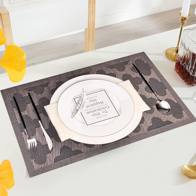 Elegant Placemats Set of 6, Plastic Heat-Resistant Non-Slip Vinyl Place Mats Washable Easy to Clean Placemat for Dining Table (Brown)