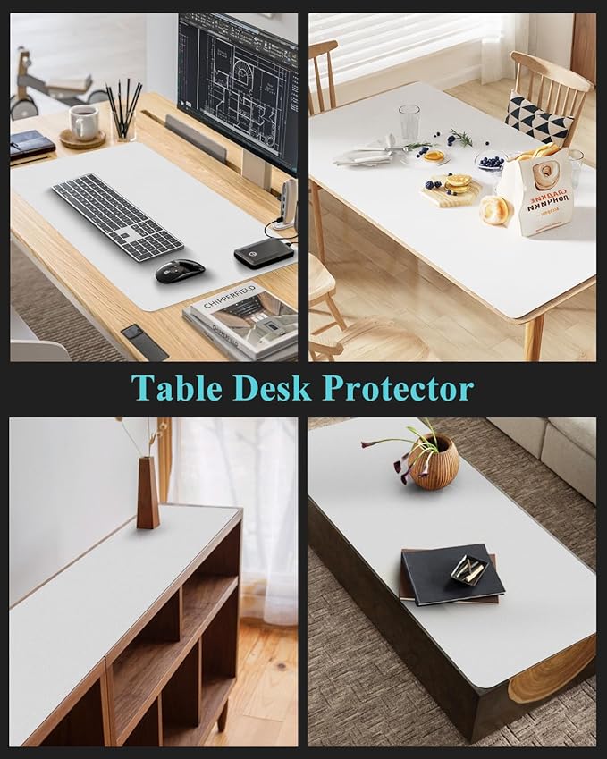 Pure White Plastic Table Cover Protector, 24" x 48" Waterproof Easy Flat PVC Desk Pad Mat, 1.5mm Thick Rectangle Vinyl Table Top Protector for Dining Room Table, Office, Dresser