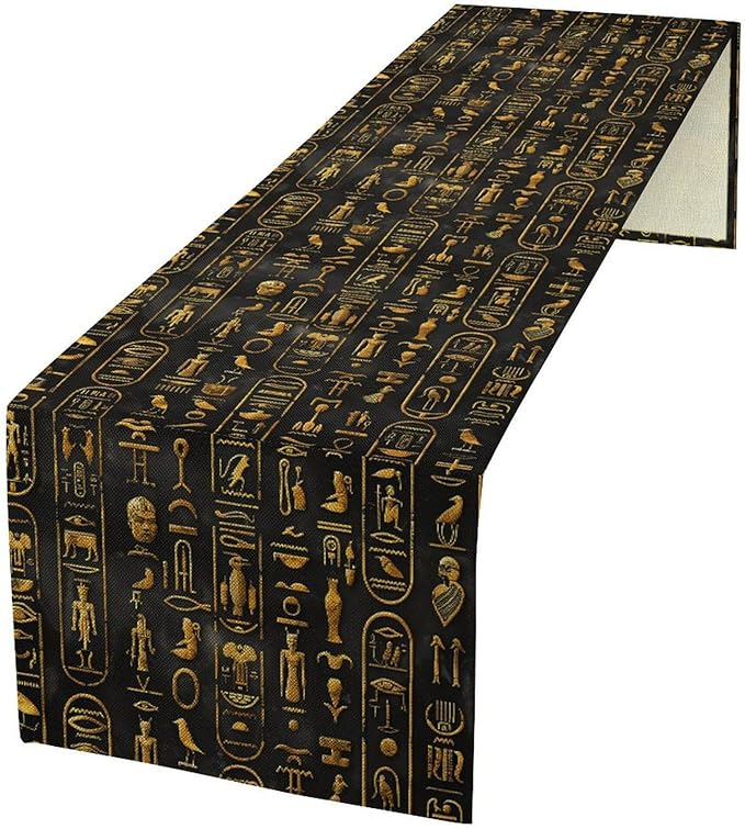 Egyptian Table Runner, Retro Egypt Mythology African Hieroglyphics Alphabet Murals Black Pattern Table Runner for Family Kitchen Coffee Dining Farmhouse Party 13x120in