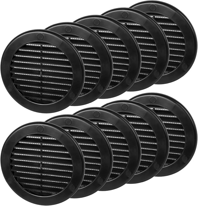 4 Inch [Opening] Black Air Vent Cover – Pack of 10 – Plastic Round Air Vent Grill Cover for Wall or Ceiling, Built-in Mesh Screen/HVAC Return Air Register – Modern Louvered Design