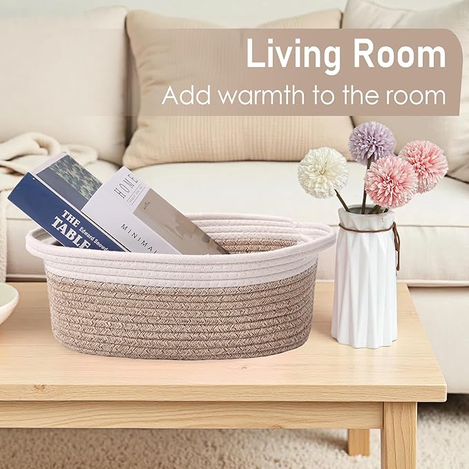 Woven Basket,Small Rope Storage Bin with Handles & Ribbon Bag, Organizer for Shelves Closets,Gift Basket Empty for Birthday,Books,Dog Toys, White&Oatmeal