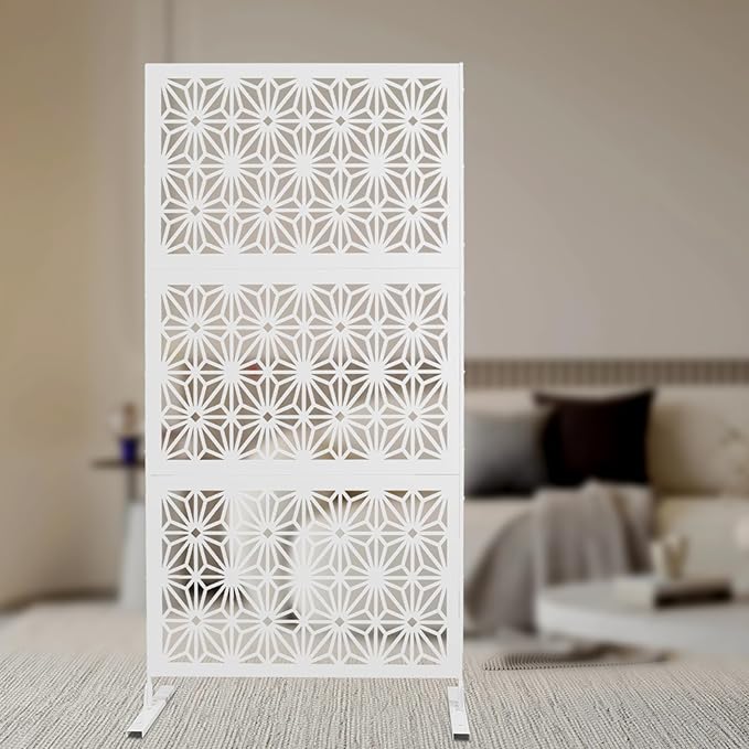 75" H×35" W Decorative Outdoor Privacy Screen with Stand, Outdoor Decor Privacy Fence Screen Metal Fence Panels, Free Standing Metal Divider for Patio Lawn Deck (White-Snowflake)