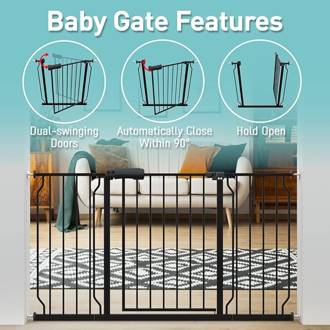 WAOWAO Baby Gate 52.76-57.48" Extra Wide Pressure Mounted Walk Through Swing Auto Close Safety Black Metal Toddler Kids Child Dog Pet Puppy for Stairs,Doorways,Kitchen