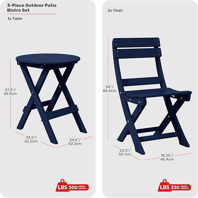 Costaelm Paradise 3-Piece Outdoor HDPE Folding Patio Bistro Table and Chairs, Navy Blue