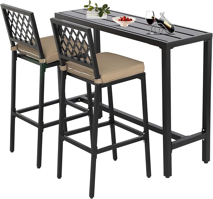 Outdoor Patio Bar Set, Bar Height Patio Dining Set, Weather-Resistant Bistro Counter Pub Set with Cushions & Slatted Tabletop for Backyard, Garden, Yard (47" Table, 2 "X Style Stool, Black)