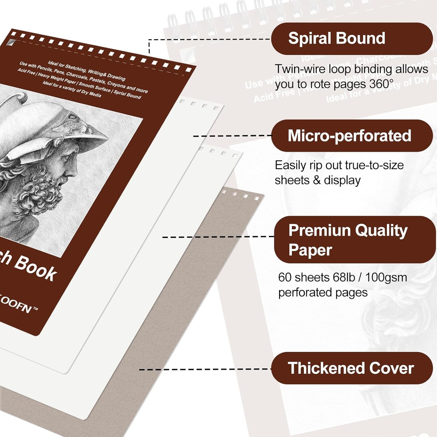 TKOOFN 8.5" x 11" Sketch Book, Pack of 5, 300 Sheet Top Spiral Bound Premium Sketchbook Drawing Pads(68lb/100gsm), Acid-Free Painting Paper for Adults Kids Artists Beginners