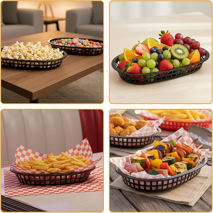 Fast Food Baskets 16-Pack, 10 x 6 Inch Plastic Oval Serving Baskets for Burgers, Bread, Fries & Sandwiches, Restaurant Diner Cafeteria Food Truck Party Use, Reusable&Stackable(Black)