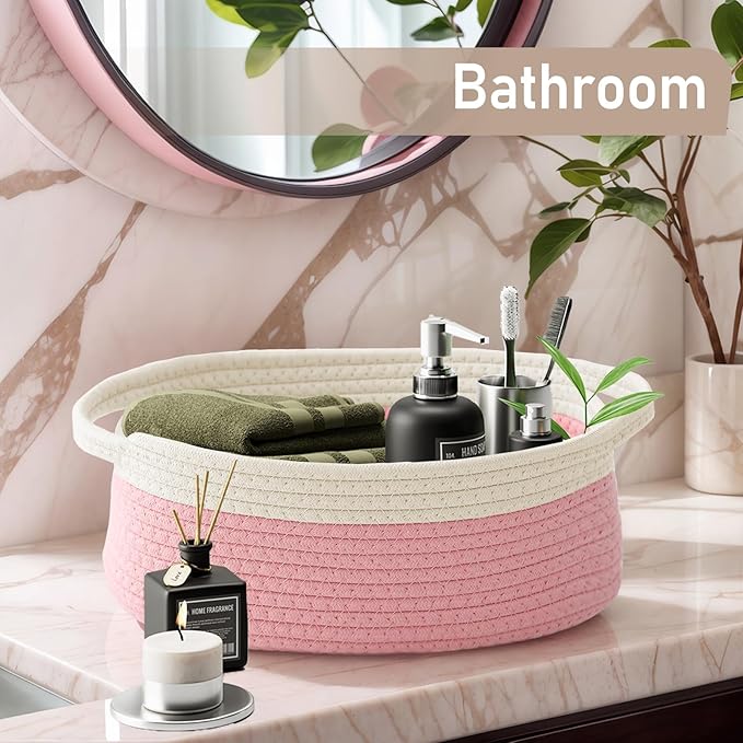 Woven Basket,Small Rope Storage Bin with Handles & Ribbon Bag, Organizer for Shelves Closets,Gift Basket Empty for Birthday,Books,Dog Toys, White&Pink/2 Pack