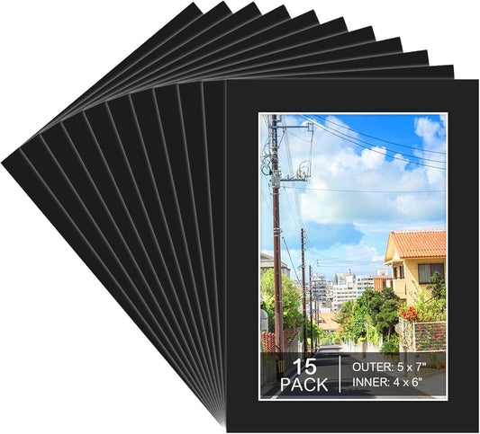 Prudiut 15 Pack 5x7 Black Picture Mats, Frame Mattes for 4x6 Pictures Display Photo Frame Mat Core Bevel Cut Mat Board Show Kit for Photos, Prints, Artworks